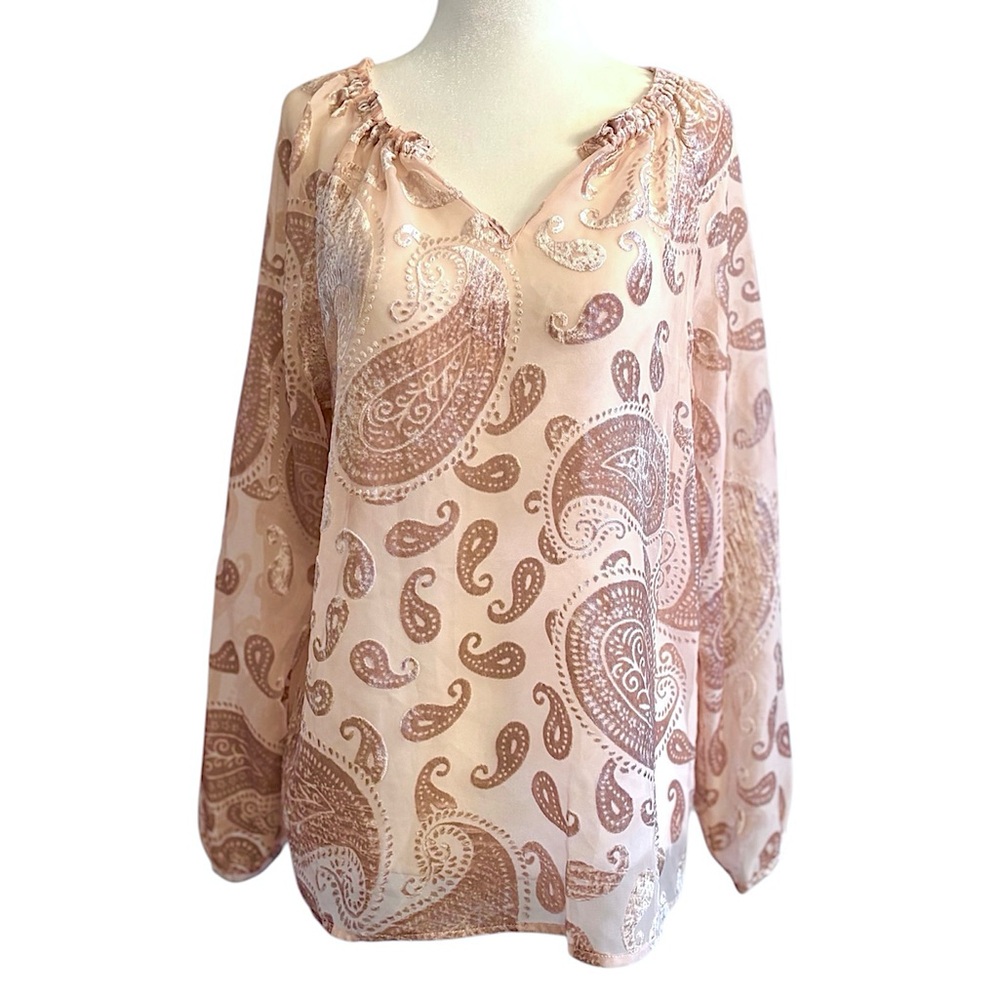 Nanette Lepore Modern Glam Burnout Velvet Paisley Puff Sleeve Peasant Top Medium